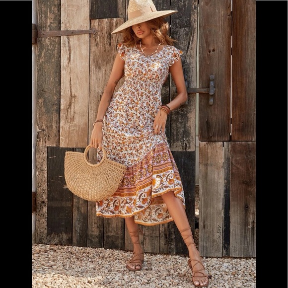 NWOT Floral Print Ruffle Sleeves Flounce Hem Dress - Picture 1 of 6